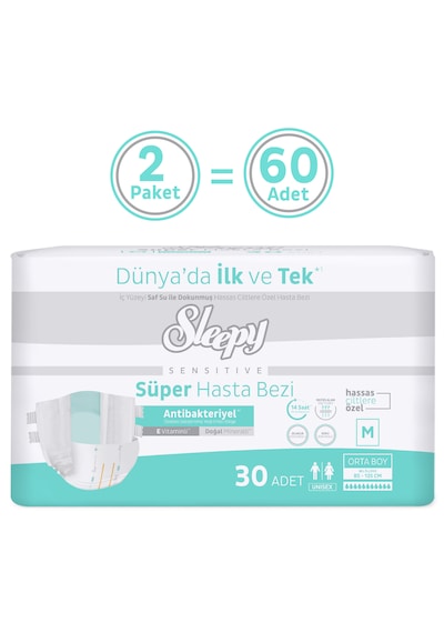 Sleepy Sensitive Antibakteriyel Süper Yetişkin Hasta Bezi Medium 30x2 60 Adet M