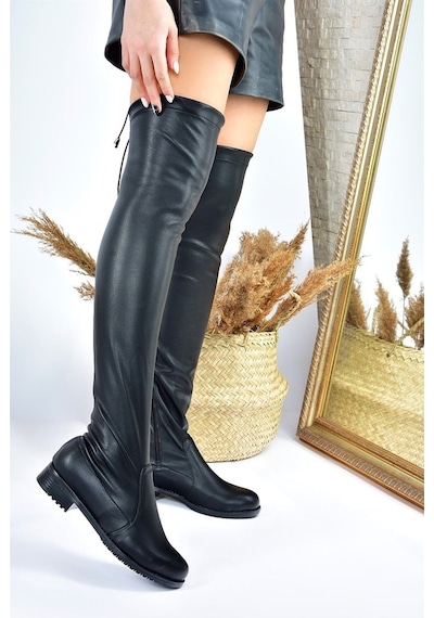 Fox Shoes Suni Deri Siyah Streç Kadın Çizme G268573002 Siyah