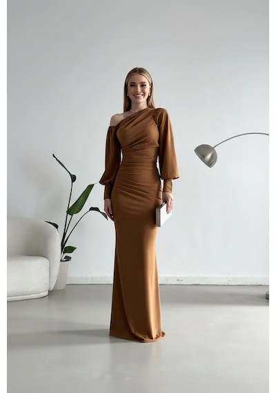 Zedefx Kadın Tek Omuz Açık Maxi Elbise Kahverengi
