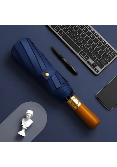 Bliss Umbrella Ahşap Saplı 12 Telli Siyah Şemsiye Lacivert
