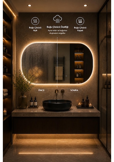 Albus Home Terra 50x100 Led Aydınlatmalı Dekoratif Banyo Aynası Dokunmatik Buğu Önleyici Çerçevesiz Cam