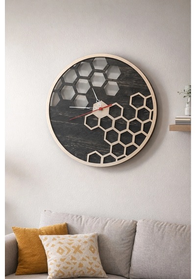 Geometrik Modern Ahşap Lazer Kesim 2d Mdf Duvar Saati Ahşap - Siyah