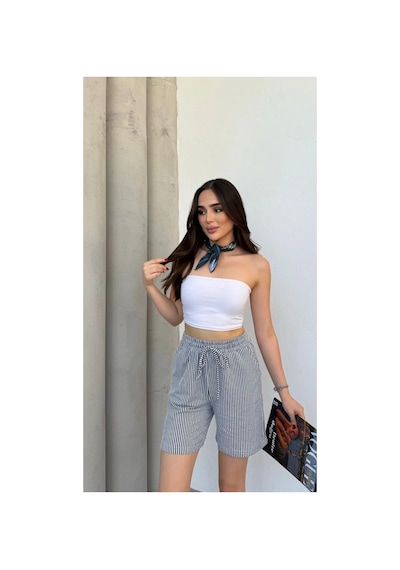 Thiff Gymwear Yandan Cepli Beli Bağcıklı Su Yolu Kadın Çizgili Şort Siyah