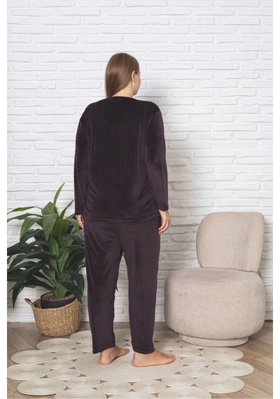 Büyük Beden Kırmızı Likralı Soft Kadife Pijama Takımı Mürdüm