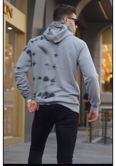 Madmext Boyalı Gri Baskılı Kapüşonlu Sweatshirt 5897