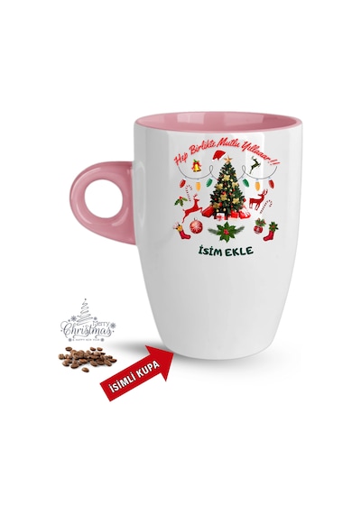 Yılbaşı Hediyesi Mutlu Yıllar Çam Ağacı İsimli Baskılı Porselen Latte Kupa Bardak Pembe Pembe