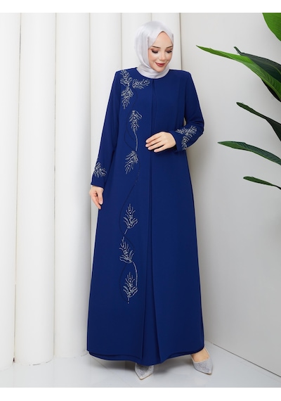 Eslemnur Büyük Beden Yaprak Taşlı Anne Elbisesi En7008 Saks Mavi