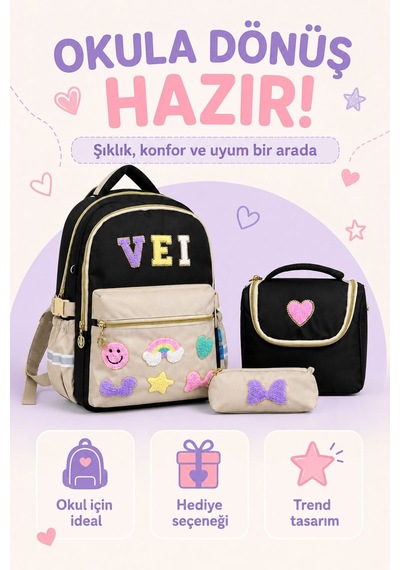 З'lü İlkokul Su Geçirmez Kumaş Çanta Seti Kız Çocuk Sırt Çantası + İçi Folyolu Beslenme Çantası + Kalemlik Siyah Siyah