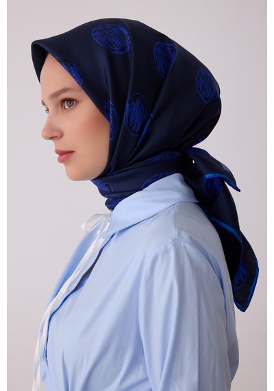 Belli Geometrik Desen %100 Twill İpek Eşarp Be27 Lacivert-saks