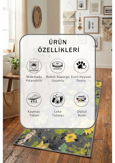 İlkbahar Yeşil Dijital Baskılı Kaymaz Yıkanabilir Yolluk Antrasit