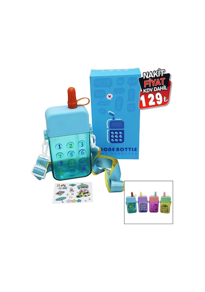 Telefon Modeli Renkli Mika Kristal Suluk Matara Pipetli - Vidalı Kapak - Askılı 300ml Çok Renkli