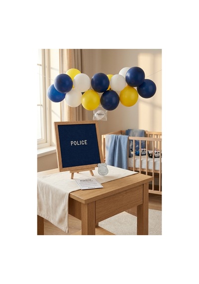 Polis Temalı Doğum Günü Süsleme Mini Set Koyu Mavi Keçe Yazı Panosu Standlı Balon Zincirli Polis Devriye Konsepti
