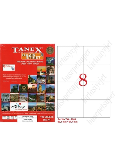 Tanex Tw-2008 Ebat 99 X 67 MM Laser Etiket A4 Sayfada 8 Etiket