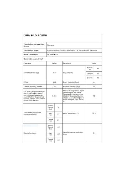 Siemens WG44A2X0TR 1400 Devir 9 KG Çamaşır Makinesi