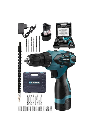 Graizer 32V 3 Ah Darbesiz Li-ion Çift Akülü Matkap Vidalama + 24 Parça Set Mavi Graizer 32V 3 Ah Darbesiz Li-ion Çift Akülü Matkap Vidalama + 24 Parça Set Mavi