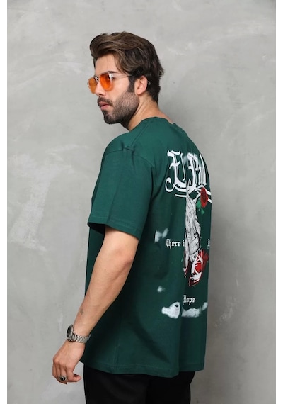 Unisex Bisiklet Yaka Baskılı Oversize T-shirt - Yeşil Yeşil