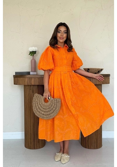 Defymoda Oranj Pileli Balkon Elbise Oranj