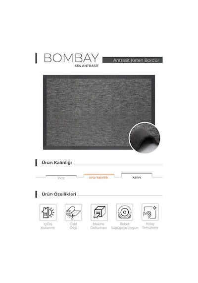 Bombay 664 Antrasit Hav Toz Vermez Kolay Temizlenen Hasır Doku Sisal Halı Antrasit