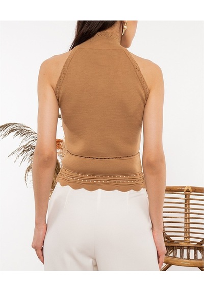 Aqe Fashion Kadın Halter Yaka Dantel Detaylı Bluz Camel-Camel