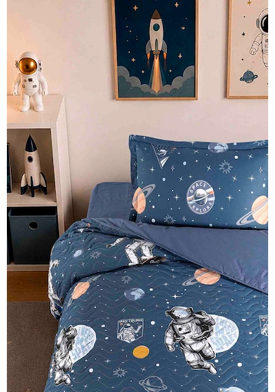 %100 Pamuk Tek Kişilik Kapitoneli Dört Mevsim Pike Yatak Örtüsü Galaxy Lacivert
