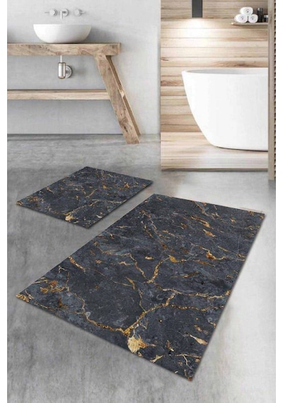 Füme Mermer Görünümlü Banyo Halısı Klozet Paspas Seti Bs017n11