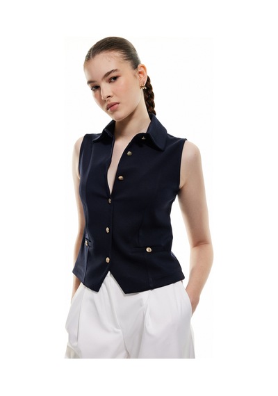 Koton Slim Fit Gold Düğme Detaylı Kolsuz Ceket Yaka Yelek Lacivert 5sak30062ek Lacivert