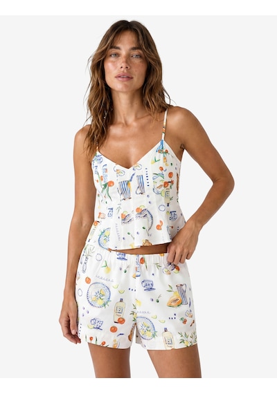 Koton Koton X Şahika Ercümen - Pamuklu Amalfi Temalı Meyve Baskılı İnce Askılı Peplum Bluz Mavi Desenli 6sak30081ew