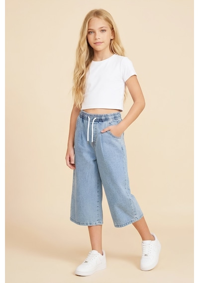 Modanino Kız Çocuk Beli Lastikli Ve Kordonlu Kapri Jean Pantolon 5-15 Yaş 12719sk Mavi