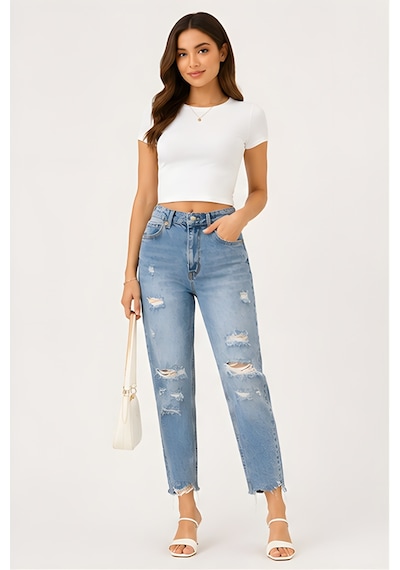 Lili Woman Kadın Yüksek Bel Yırtık Detaylı Mom Fit Jean Pantolon Ty.yjn01 Mavi