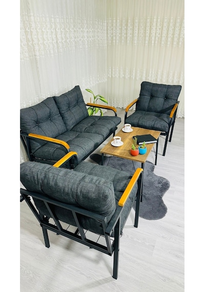 Madame Home Kaktüs Balkon, Bahçe,teras,cafe - Salon - Metal Kanepe Koltuk Takımı - 2 1 1 Sehpa Antrasit