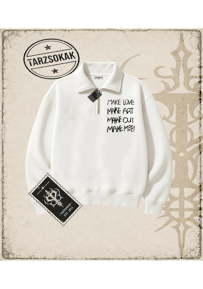 Tarzsokak Gotik & Grunge Streetwear Make Love Make Yarım Fermuarlı Sweatshirt Beyaz