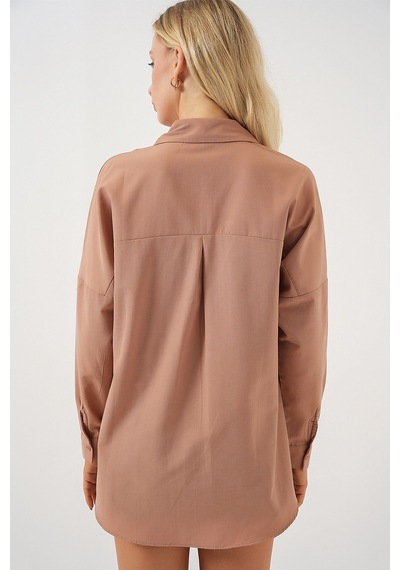 Hiccup Bdart Oversize Uzun Kollu Poplin Gömlek Deve Kahvesi