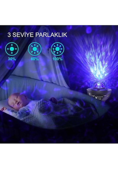 Led Yıldız Bluetooth Hoparlör Usb Projektör Okyanus Dalgası Efektli, 21 Modlu Gece Lambası Siyah