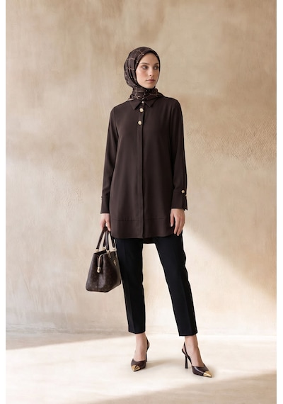 Armine Trend Gold Düğme Detaylı Klasik Yaka Uzun Tesettür Tunik 91 Cm Boy Kahverengi 26kt426 Armine Trend Gold Düğme Detaylı Klasik Yaka Uzun Tesettür Tunik 91 Cm Boy Kahverengi 26kt426