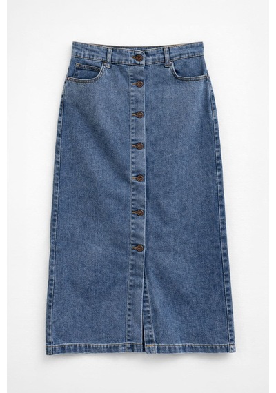 Blue White Önden Düğmeli Yüksek Bel Uzun Mavi Denim Etek