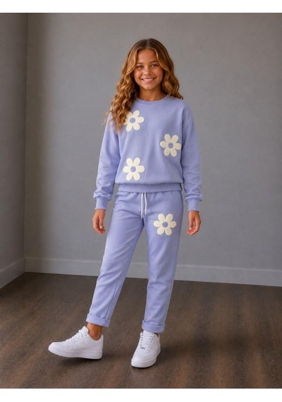 Papatya Desenli Kız Çocuk Sweatshirt Ve Eşofman Altı 2'li Takım 2iplik Süper Kalite Mor - Lila