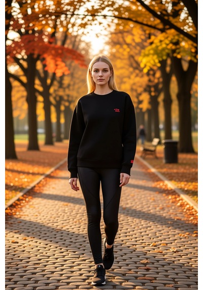 Benerly Kadın Bisiklet Yaka Düşük Kol Nakışlı Örme Sweatshirt Fonksiyonel siyah