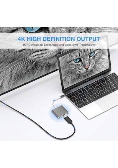 3 In 1 Type-c To Hdmı Usb 3.0 Çevirici Dönüştürücü Adaptör 4k