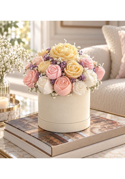 Pastel Gül Mum Buketi Krem Silindir Kutulu Pembe