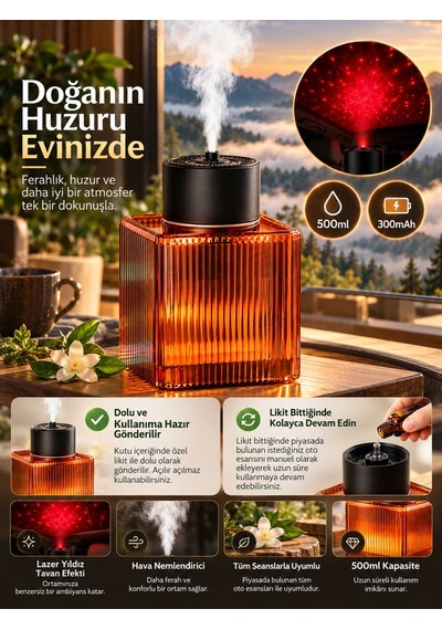 500ml Şarjlı Araç İçi Hava Nemlendirici Rgb Lazer Yıldız Efektli 300mah