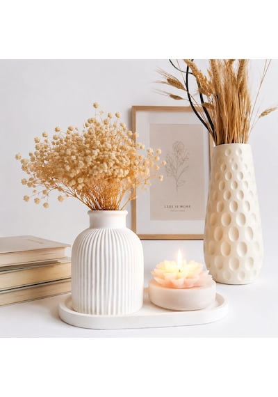 Minimalist Çizgili Vazo, Lotus Mum Ve Sunum Tepsili Beton Dekorasyon Seti 001 - Beyaz