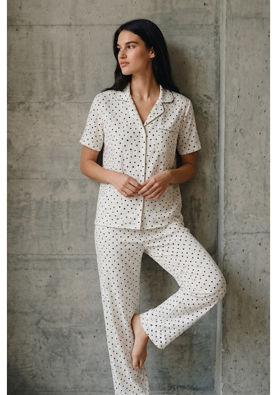 V Yaka Düğmeli Casual Kar Beyaz Pijama Takımı