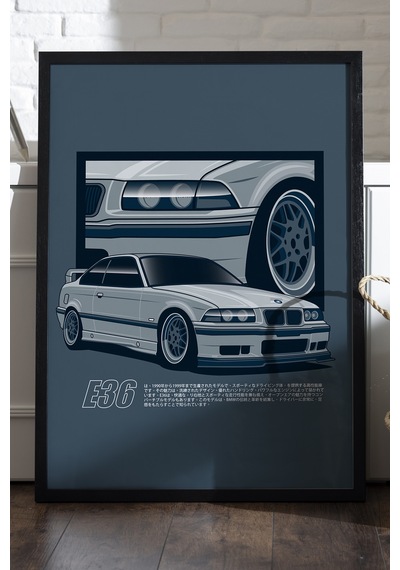 Bmw E36 Siyah Ahşap Çerçeveli Poster, Dekoratif Araba Duvar Tablosu