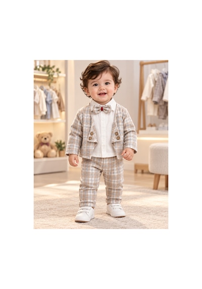 Genel Markalar Ekose Ceketli Erkek Bebek Şık Takım Bej Ve Ekru - 927428184 Bej Ve Ekru