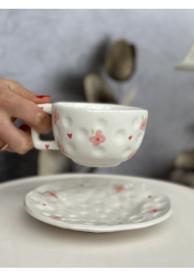 Şekilsiz Floral El Yapımı Seramik Bardak & Altlık Seti 300 Ml Çok Renk