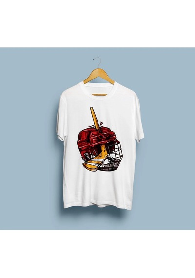 Oversize Hokey Stick And Helmet Tasarım Unisex T-shirt Beyaz