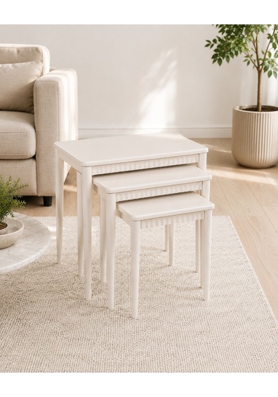 Ganni Home Lodos 3 Lü Zigon Sehpa Seti Krem Krem Gürgen İskeletli, Dekoratif Çıtalı Modern Ve Ferah Tasarım