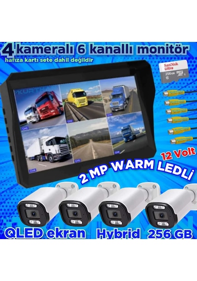 4 Adet Ahd 2 Mp Beyaz Warm Ledli Kamera 10'' Qled 6 Kanallı Monitör Seti 12 V 256 Gb