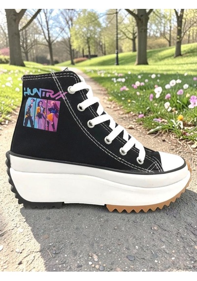 Ellaboni Demon Hunter Huntrix Çizim Baskılı Siyah Bilekli Kalın Yüksek Tabanlı Spor Ayakkabı Sneaker