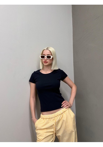 Lacivert Geniş Yaka Fittili Basic Kadın T-shirt Mg2293 Lacivert